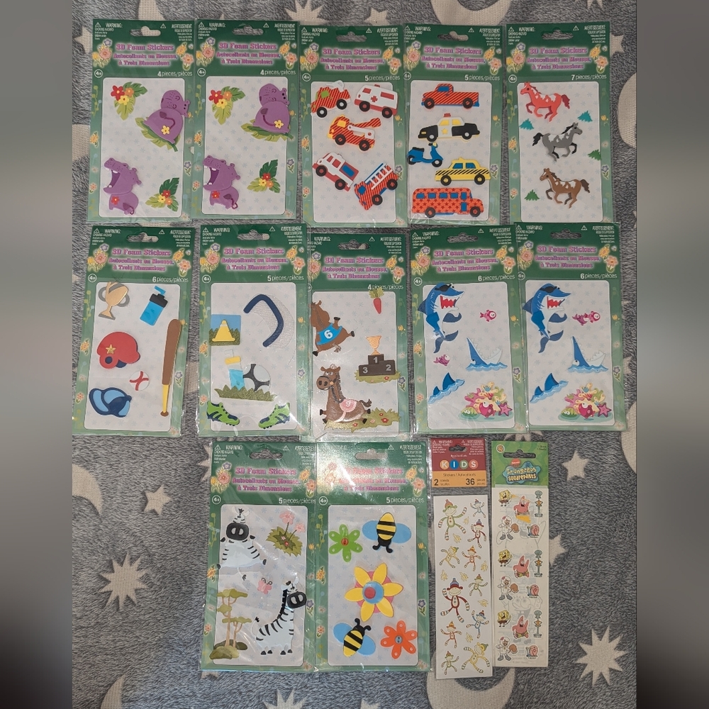 Set of 12 puffy foam 3D stickers plus Sock Monkey and Sponge Bob strips.